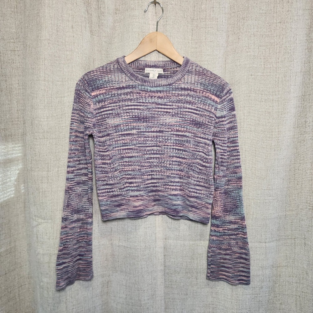 Sincerely Jules Long Sleeve Crop Sweater Women's S Purple Marled Bell Sleeve